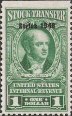 Green $1. U.S. revenue stamp picturing Levi Woodbury