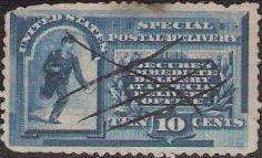 Blue 10-cent U.S. postage stamp picturing running messenger