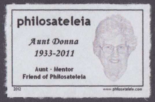 Private local post stamp with stylized image of Aunt Donna