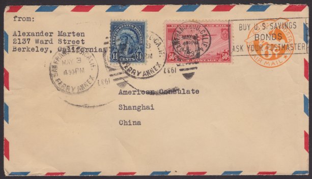 Front of stamped envelope bearing 14-cent American Indian stamp and 50-cent China Clipper stamp