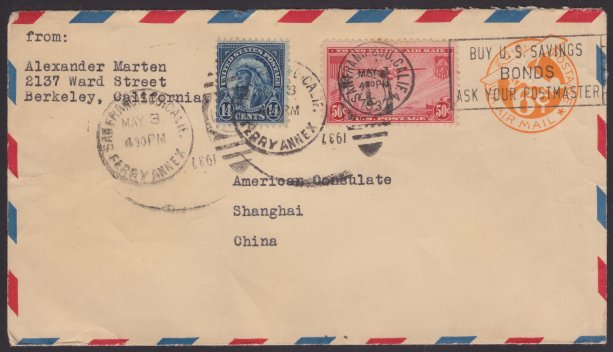 14¢ American Indian airmail cover mailed from Berkeley, California Front of stamped envelope bearing 14-cent American Indian stamp and 50-cent China Clipper stamp
