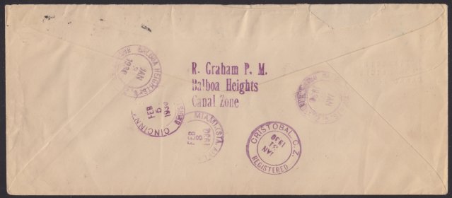 Reverse of cover bearing Balboa Heights, Canal Zone, Cristobal, Canal Zone, Miami, Florida, and Cincinnati, Ohio, postmarks