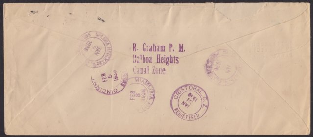 14¢ American Indian cover mailed from Balboa Heights, Canal Zone (reverse) Reverse of cover bearing Balboa Heights, Canal Zone, Cristobal, Canal Zone, Miami, Florida, and Cincinnati, Ohio, postmarks