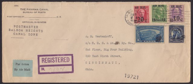 14¢ American Indian cover mailed from Balboa Heights, Canal Zone Front of cover bearing 14-cent American Indian stamp, 20-cent George Washington Goethals stamp, 15-cent William Gorgas stamp, 10-cent Joseph Blackburn stamp, and 5-cent Gaillard Cut stamp
