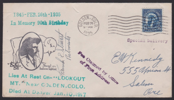 Front of cover bearing 14-cent American Indian stamp and Buffalo Bill Cody cachet