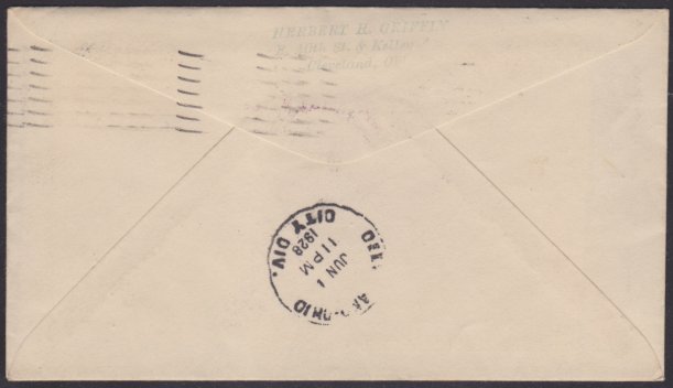 14¢ American Indian cover carried on CAM 20 flight to Cleveland, Ohio (reverse) Reverse of cover bearing Cleveland, Ohio, postmark