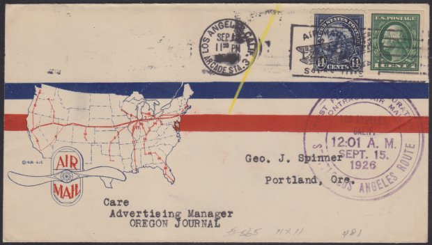 14¢ American Indian cover carried on CAM 8 flight to Portland, Oregon Front of cover bearing 14-cent American Indian stamp, 1-cent George Washington stamp, and CAM 8 first flight marking