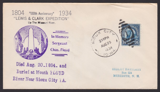 Front of cover bearing 14-cent American Indian stamp and Lewis & Clark Expedition/Charles Floyd cachet