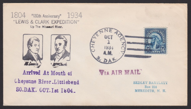 Front of cover bearing 14-cent American Indian stamp and Lewis & Clark Expedition/Cheyenne River cachet
