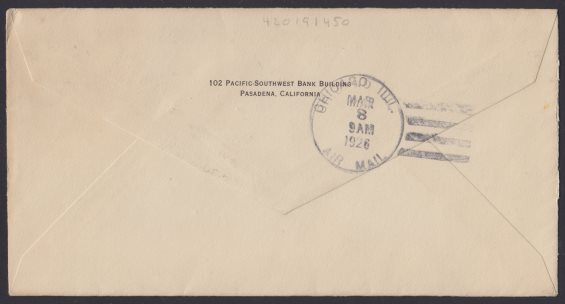 14¢ American Indian airmail cover mailed from Pasadena, California (reverse) Reverse of cover bearing Chicago, Illinois, postmark