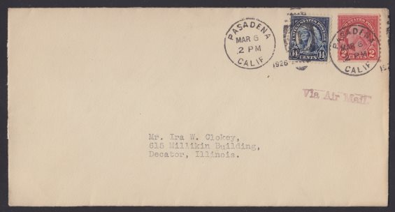 14¢ American Indian airmail cover mailed from Pasadena, California Front of cover bearing 14-cent American Indian stamp and 2-cent George Washington stamp
