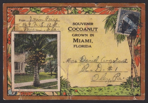 14¢ American Indian parcel label mailed from Miami, Forida Front of parcel label bearing 14-cent American Indian stamp