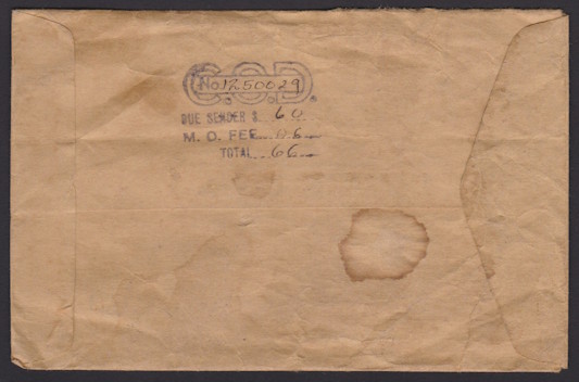 Reverse of cover bearing collect on delivery handstamp