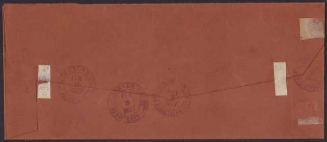 14¢ American Indian registered cover mailed from Walsenburg, Colorado (reverse) Reverse of cover bearing Walsenburg, Colorado, and Denver, Colorado, postmarks