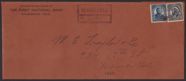 14¢ American Indian registered cover mailed from Walsenburg, Colorado Front of cover bearing 14-cent American Indian stamp and 5-cent Theodore Roosevelt stamp