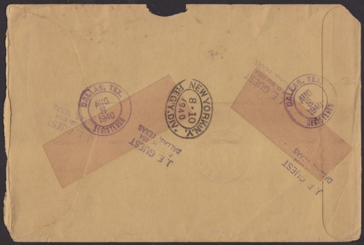 Reverse of cover bearing Dallas, Texas, and New York, New York, postmarks