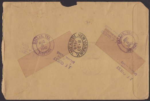 14¢ American Indian registered cover mailed from Dallas, Texas (reverse) Reverse of cover bearing Dallas, Texas, and New York, New York, postmarks
