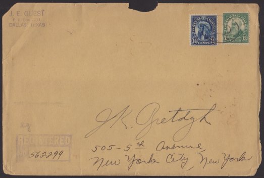 14¢ American Indian registered cover mailed from Dallas, Texas Front of cover bearing 14-cent American Indian stamp and 13-cent Benjamin Harrison stamp