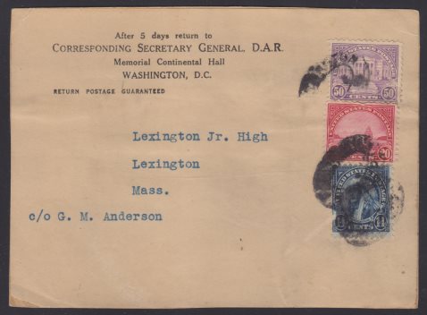 14¢ American Indian parcel fragment mailed from Washington, D.C. Front of parcel fragment bearing 14-cent American Indian stamp, 20-cent Golden Gate stamp, and 50-cent Arlington Amphitheatre stamp