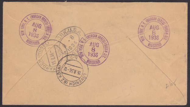Reverse of cover bearing New York, New York, Lovenich, Germany, and Karden, Germany, postmarks