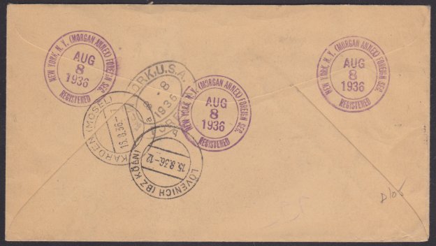 14¢ American Indian cover carried on SS Europa to Bremerhaven, Germany (reverse) Reverse of cover bearing New York, New York, Lovenich, Germany, and Karden, Germany, postmarks