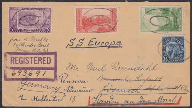 14¢ American Indian cover carried on SS Europa to Bremerhaven, Germany Front of cover bearing 14-cent American Indian stamp, 1-cent Yosemite stamp, 2-cent Grand Canyon stamp, and 3-cent Oregon Territory stamp
