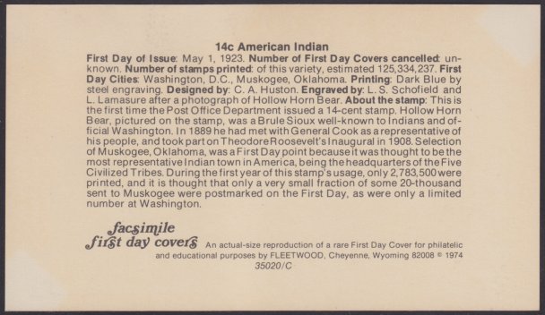 Reverse of facsimile first day cover containing text about 14-cent American Indian stamp
