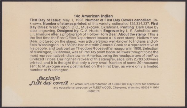 14¢ American Indian facsimile first day cover (reverse) Reverse of facsimile first day cover containing text about 14-cent American Indian stamp