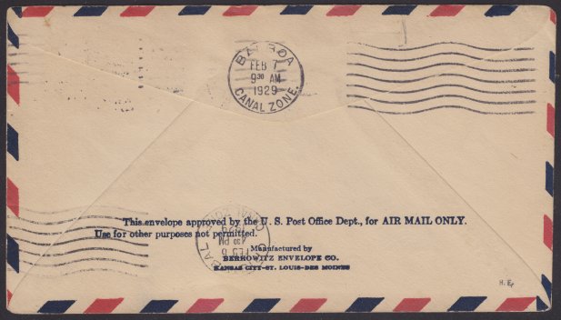 14¢ American Indian cover carried on FAM 5 flight to Cristobal, Canal Zone (reverse) Reverse of cover bearing Cristobal, Canal Zone, and Balboa, Canal Zone, postmarks