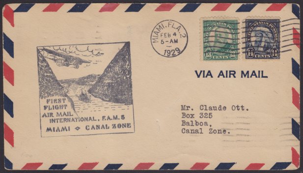 Front of cover bearing 14-cent American Indian stamp, 13-cent Benjamin Harrison stamp, and FAM 5 first flight marking