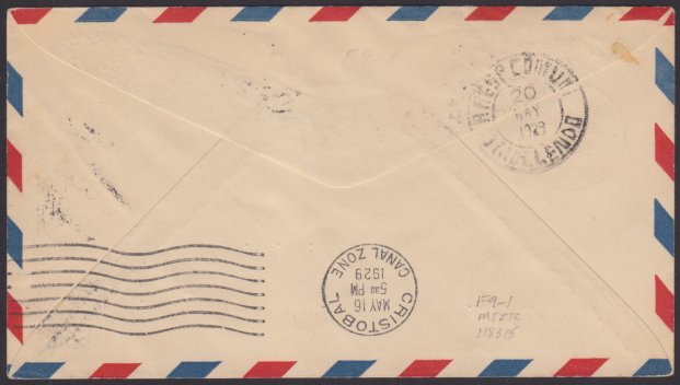 14¢ American Indian cover carried on FAM 9 flight to Mollendo, Peru (reverse) Reverse of stamped envelope bearing Cristobal, Canal Zone, and Mollendo, Peru, postmarks