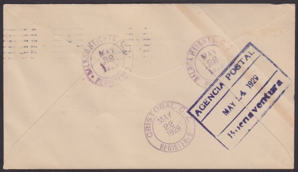 Reverse of cover bearing Balboa Heights, Canal Zone, Cristobal, Canal Zone, and Buenaventura, Colombia, postmarks
