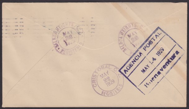 14¢ American Indian cover carried on FAM 9 flight to Buenaventura, Colombia (reverse) Reverse of cover bearing Balboa Heights, Canal Zone, Cristobal, Canal Zone, and Buenaventura, Colombia, postmarks
