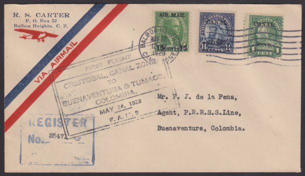 14¢ American Indian cover carried on FAM 9 flight to Buenaventura, Colombia Front of cover bearing 14-cent American Indian stamp, 1-cent Benjamin Franklin stamp, 15-cent William Gorgas stamp, and FAM 9 first flight marking