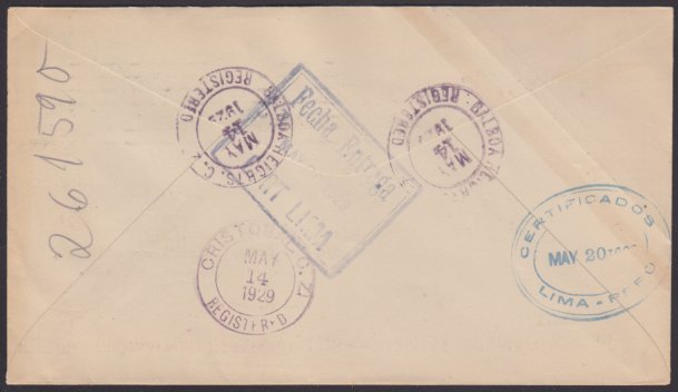 Reverse of cover bearing Balboa Heights, Canal Zone, Cristobal, Canal Zone, and Lima, Peru, postmarks