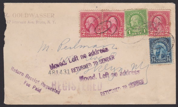 Front of registered cover bearing 14-cent American Indian stamp and returned to sender markings