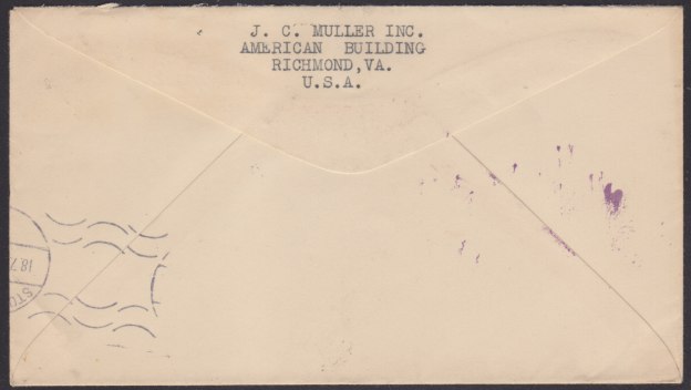 14¢ American Indian cover carried on LZ 129 Hindenburg flight to Frankfurt, Germany (reverse) Reverse of cover bearing partial Stockholm, Sweden, postmark