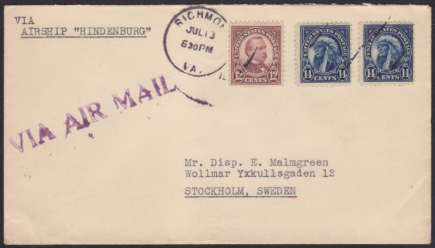 Front of cover bearing two 14-cent American Indian stamps, 12-cent Grover Cleveland stamp, and air mail marking