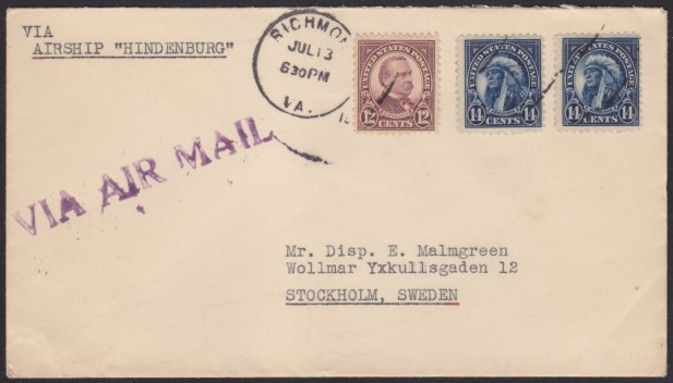 14¢ American Indian cover carried on LZ 129 Hindenburg flight to Frankfurt, Germany Front of cover bearing two 14-cent American Indian stamps, 12-cent Grover Cleveland stamp, and air mail marking