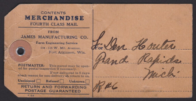 14¢ American Indian parcel tag mailed from Fort Atkinson, Wisconsin (reverse) Reverse of parcel tag bearing mailing address