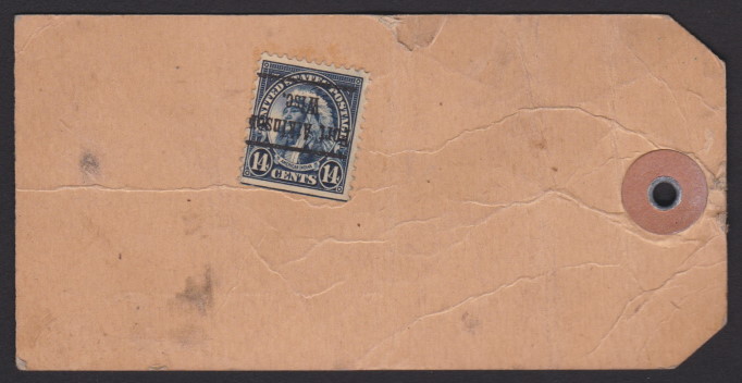 Front of parcel tag bearing 14-cent American Indian stamp