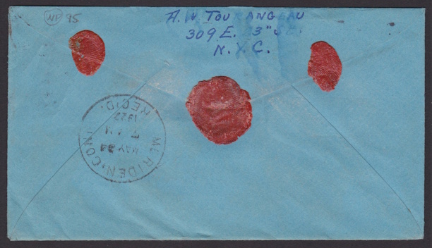 Reverse of cover bearing Meriden, Connecticut, postmark