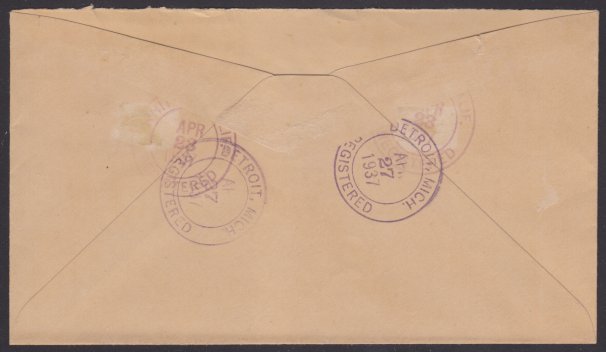 Reverse of cover bearing Whittier, California, and Detroit, Michigan, postmarks