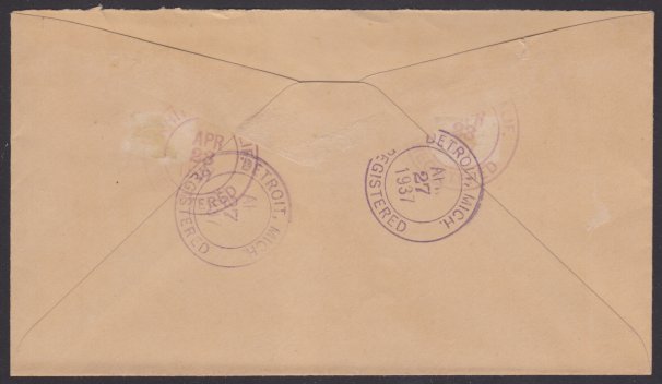 14¢ American Indian registered cover mailed from Whittier, California (reverse) Reverse of cover bearing Whittier, California, and Detroit, Michigan, postmarks