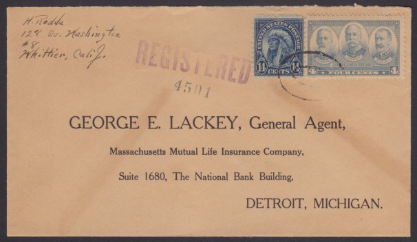 14¢ American Indian registered cover mailed from Whittier, California Front of stamped envelope bearing 14-cent American Indian stamp and 4-cent Sampson, Dewey, & Schley stamp