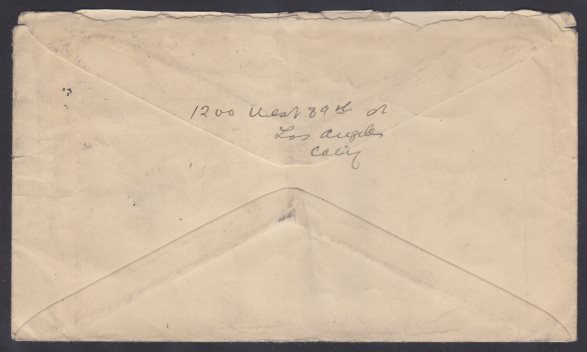 14¢ American Indian airmail cover mailed from Los Angeles, California (reverse) Reverse of cover mailed from Los Angeles, California