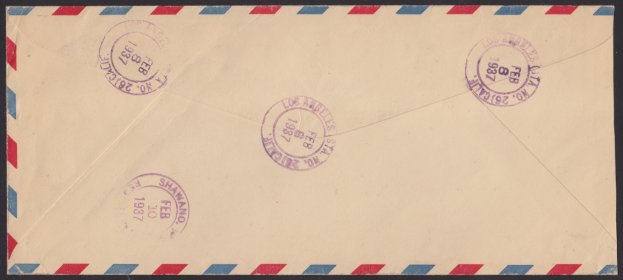 Reverse of cover bearing Los Angeles, California, and Shawano, Wisconsin, postmarks