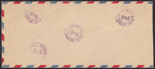 14¢ American Indian registered cover mailed from Los Angeles, California (reverse) Reverse of cover bearing Los Angeles, California, and Shawano, Wisconsin, postmarks