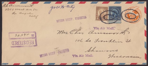 14¢ American Indian registered cover mailed from Los Angeles, California Front of stamped envelope bearing 14-cent American Indian stamp and 4-cent William Howard Taft stamp