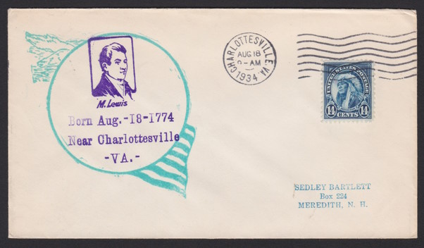 Front of cover bearing 14-cent American Indian stamp and Meriwether Lewis cachet